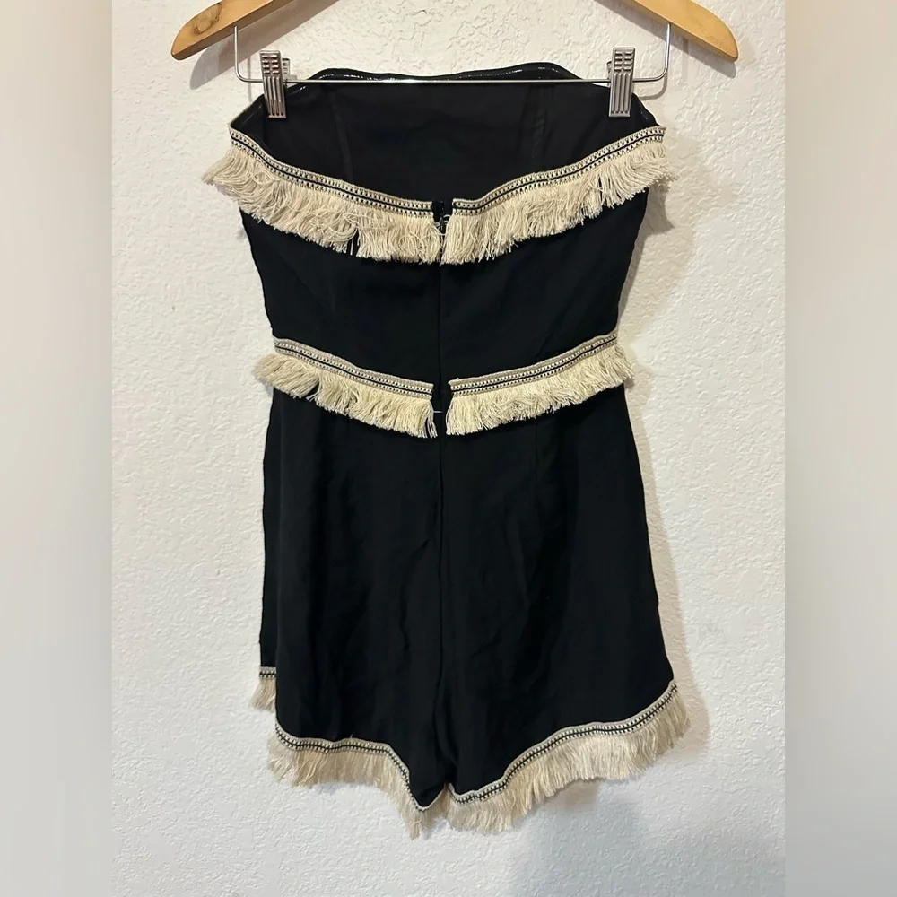 Selfie Leslie Bermuda Bandeau Tassel Trim Romper in Black with Ivory Trim - XS - Picture 2 of 8